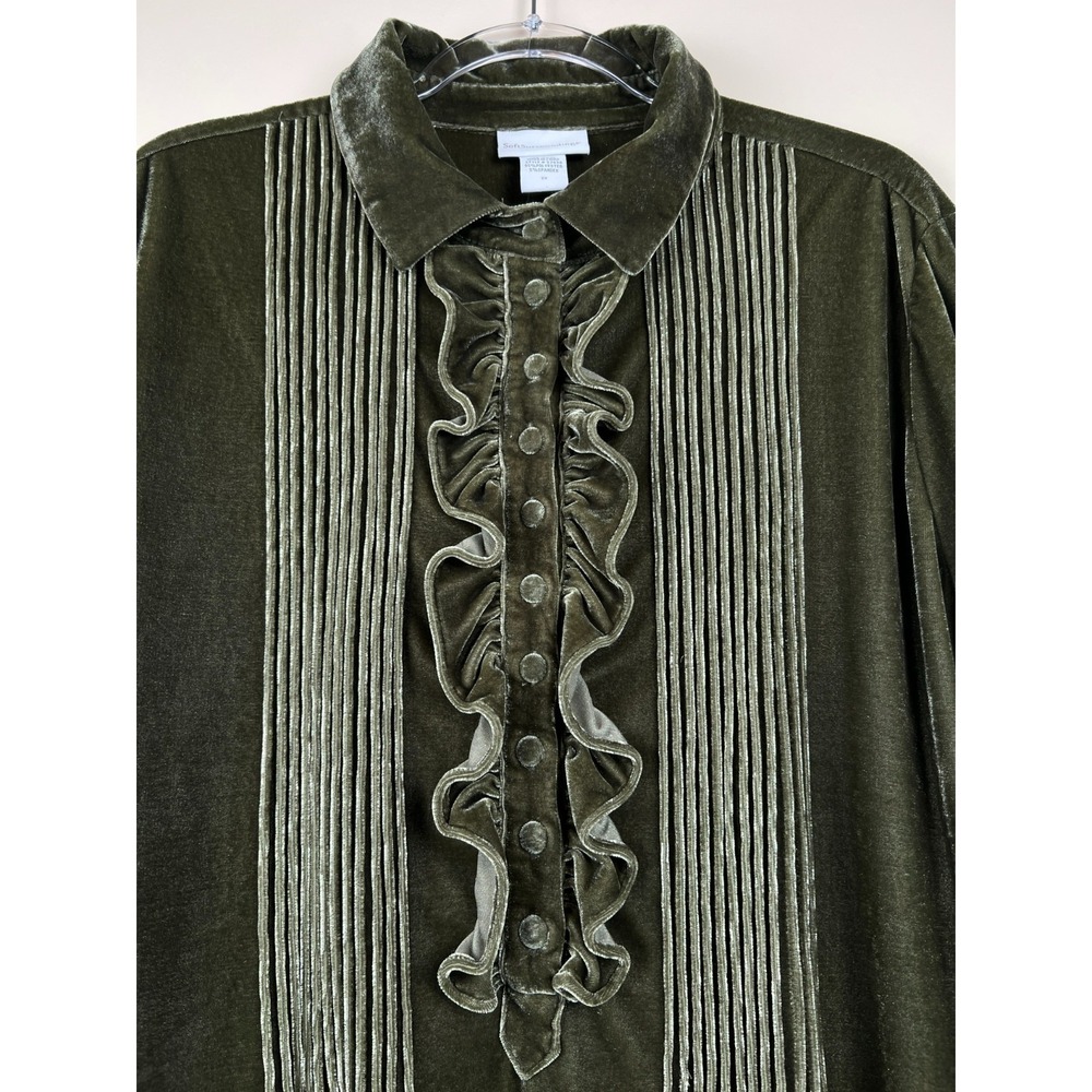 Soft Surroundings Verona Velvet Tunic 2X Olive Green Ruffle Pintuck Pleated